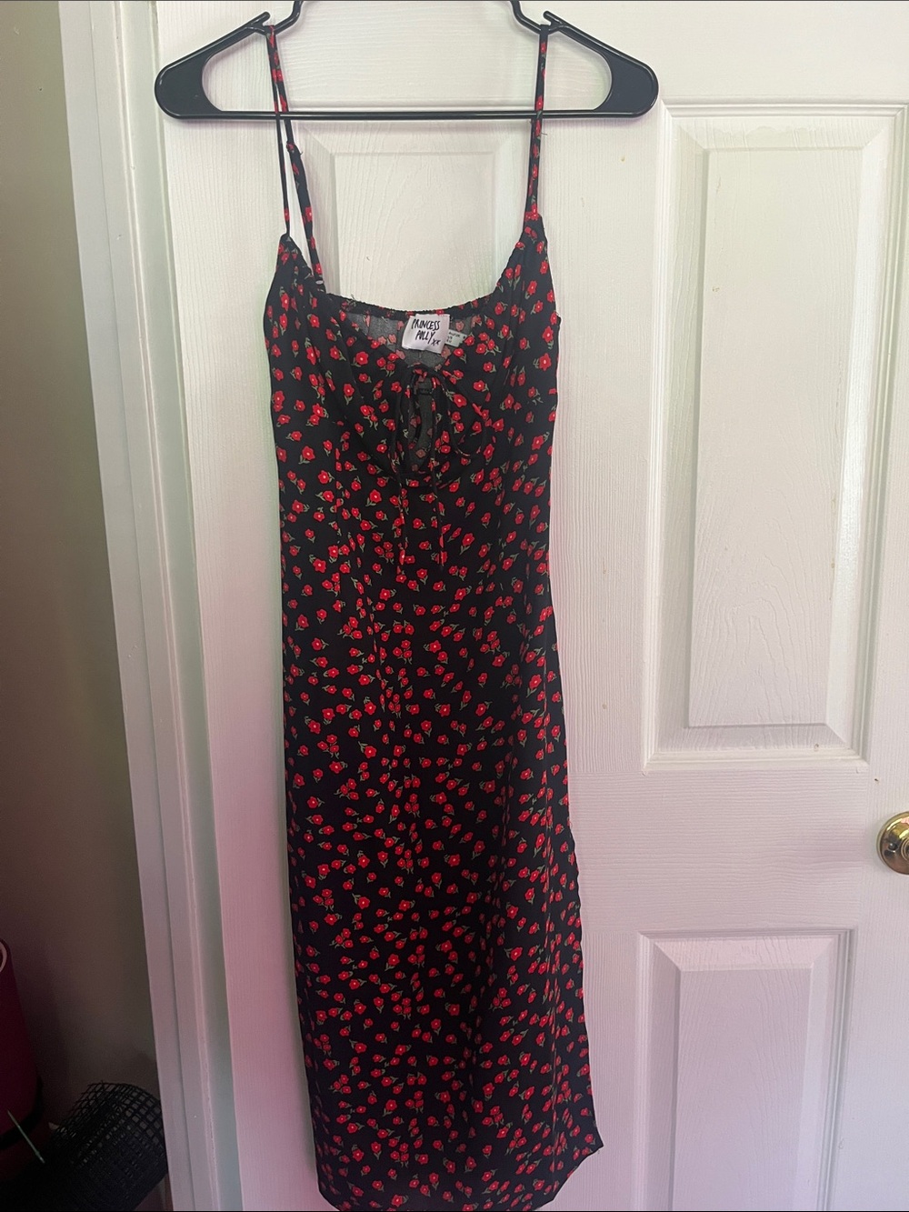 Black Slip Dress with Red Floral Pattern